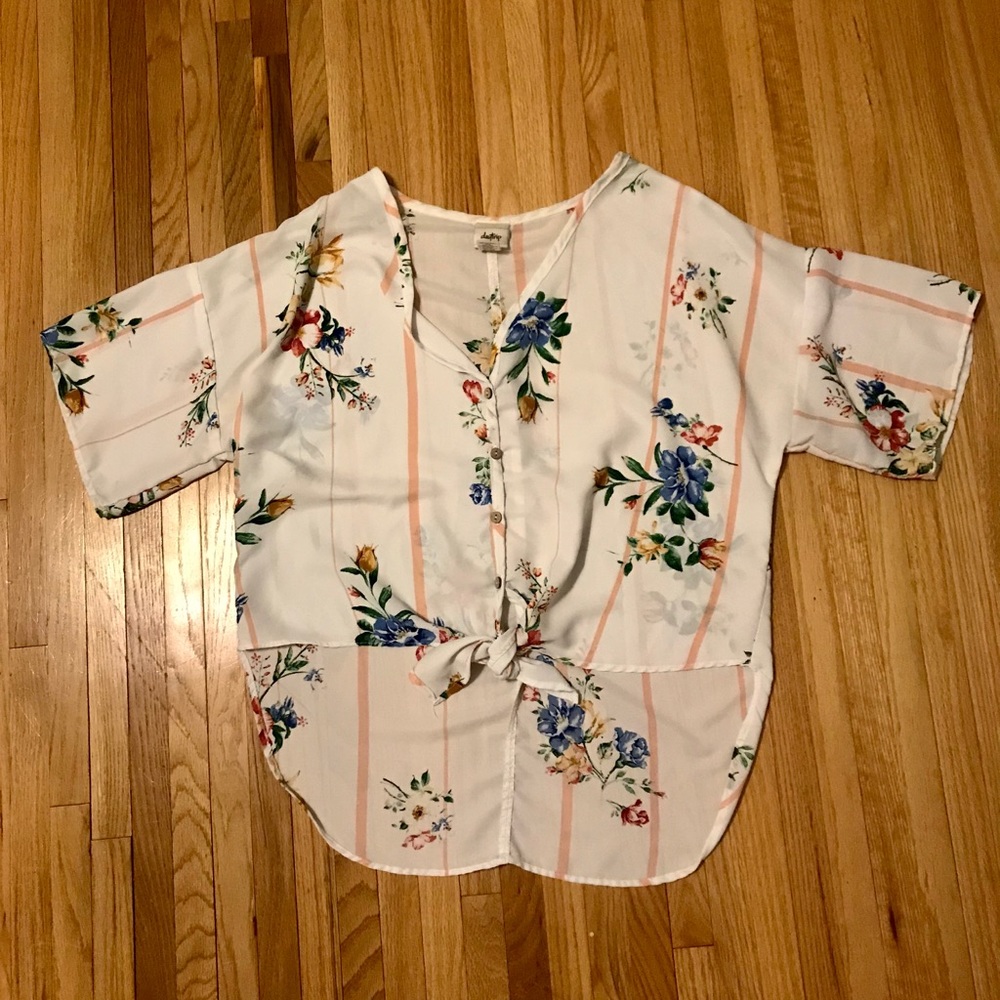 Flowered white summer button down shirt with tie